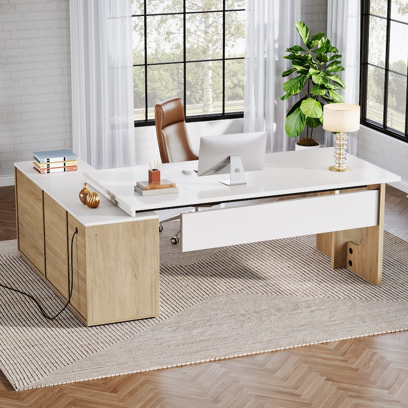74.8-Inch L Shaped Executive Desk, Large Office Computer Desk with Cabinet and Shelves for Home Office
