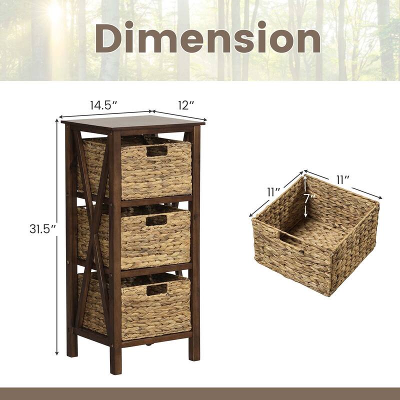 Costway 1/2 PCS 3-Tier Nightstand with 3 Seagrass Baskets Rubber Wood