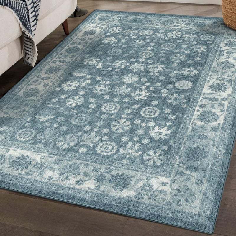 Luxe Weavers Oriental Floral Area Rug, Stain-Resistant Carpet - 8' x 10' - Blue