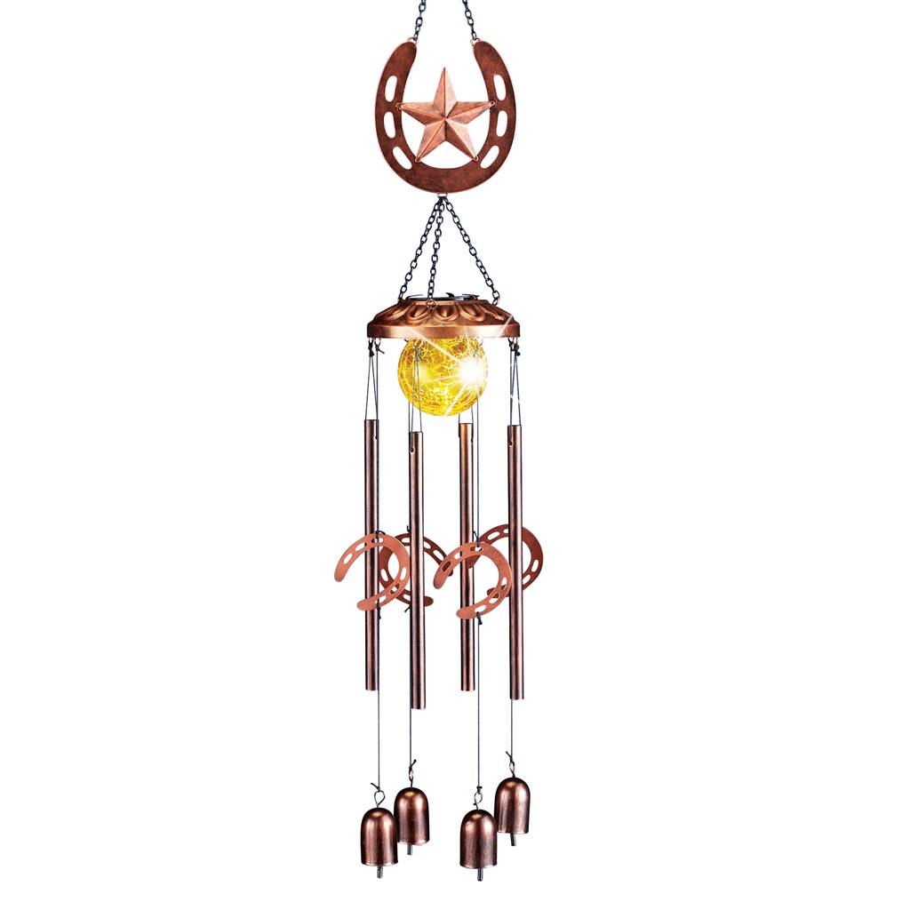 Solar Powered Bronze Horseshoe Western Windchime - 5 x 33.5 x 5