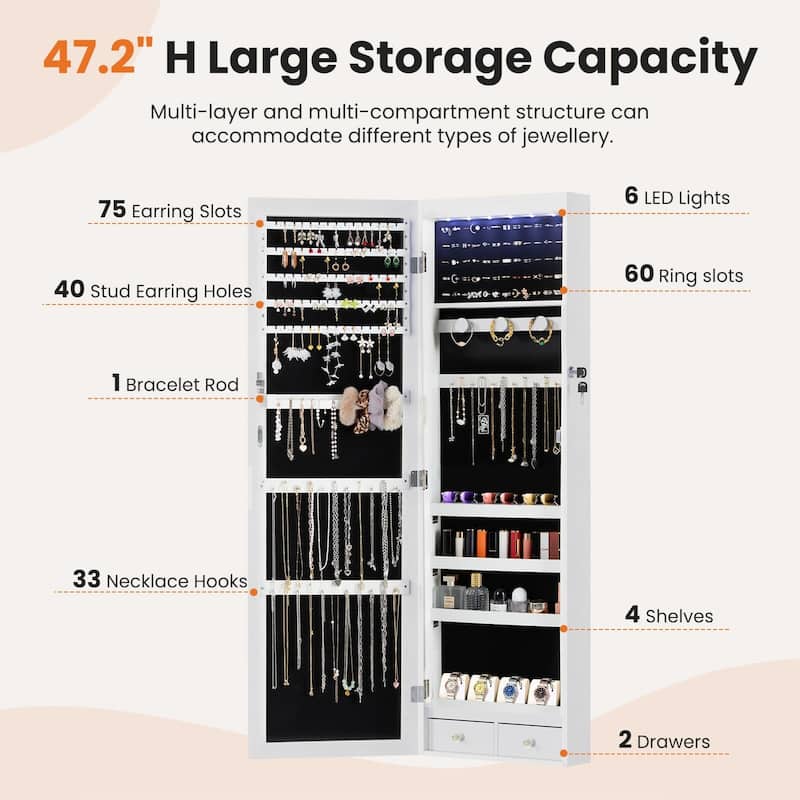 White Wood Wall or Door Mounted 14 in. W Lockable Jewelry Armoire with Full Length Mirror