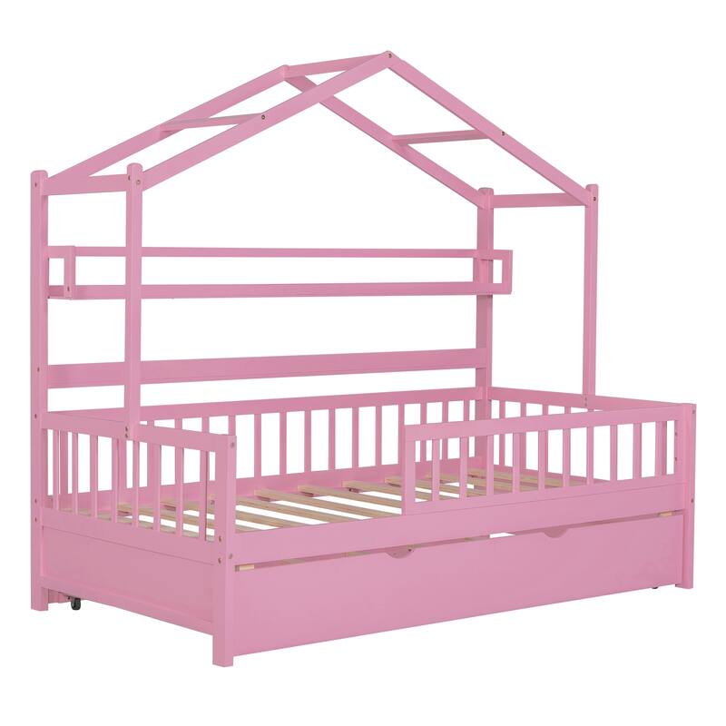 Cute Wooden Twin or Full House Bed with Trundle, Kids Bed Wood Platform Bed Frame with Safety Guardrail & Storage Shelf
