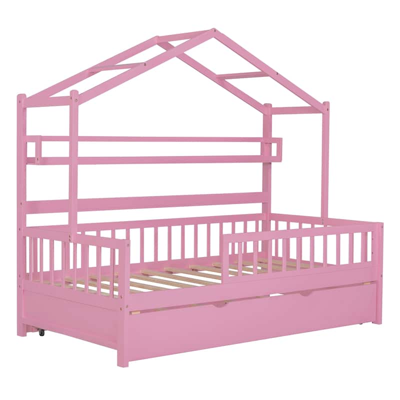 Wooden Twin Size House Bed with Trundle,Kids Bed with Shelf
