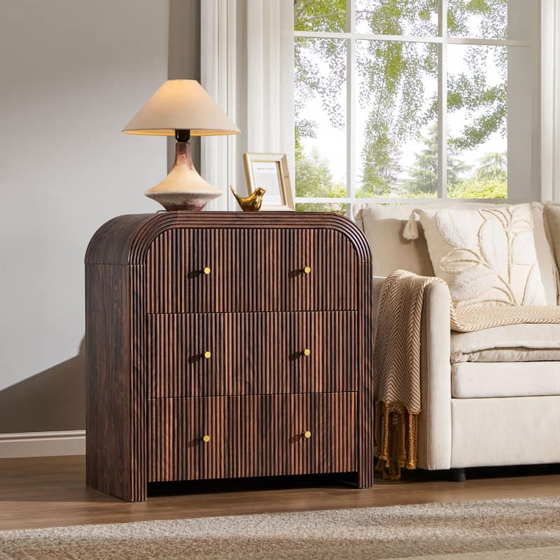 Modern Fluted 3 Drawers Dresser, Rounded Corner Chest of Drawers - Dark Walnut