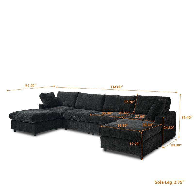 Minimalist U-shaped Upholstered Sofa 4-Seater Chenille Modular Sectional Couch with 2 Ottoman