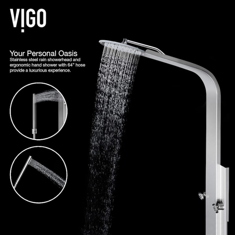 VIGO Mateo 60" H x 7" W 6-Jet Shower Panel with Fixed Rainhead in Stainless Steel