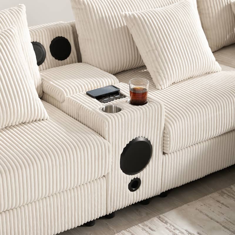 Roomfitters 141.5" Corduroy Sectional Sofa, U Shaped Couch with Console, Deep Wide Seat, Ottoman, Cream