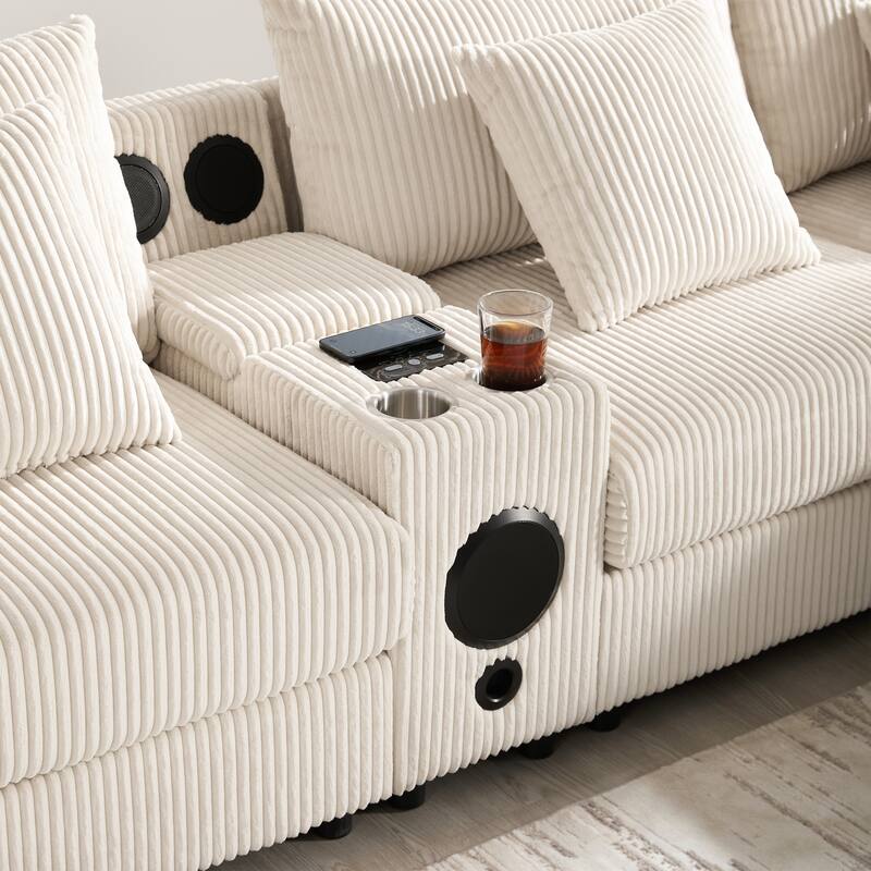 U-Shaped Cloud Corduroy Sectional Sofa with Console, Cup Holders, Bluetooth Speakers, Charging, Storage Ottoman, Deep Seats Sofa