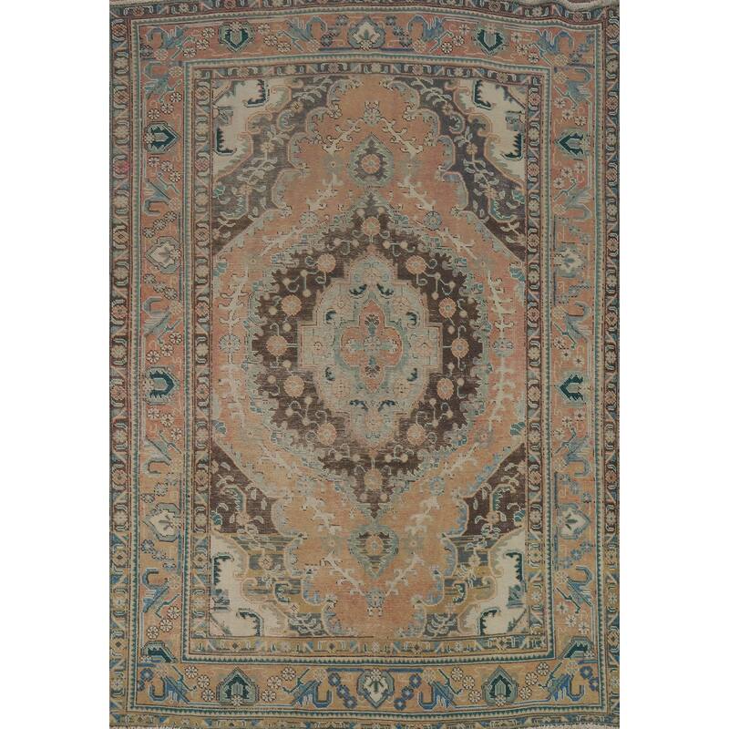 Vintage Orange Tabriz Persian Rug Handmade Traditional Wool Carpet - 6'7" x 9'4"