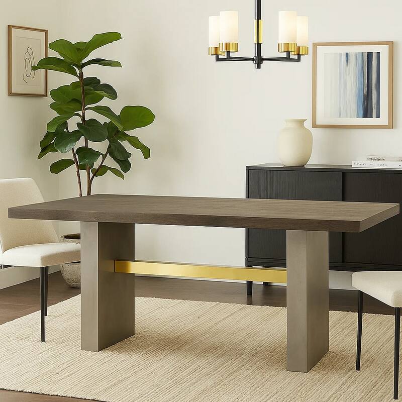 Cid Coe Dining Table, 94 Inch Brown Walnut Top, Gray Concrete Pedestal Base - Gray, Brown, Brass
