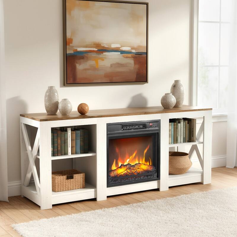 TV Stand with Optional Fireplace for TVs up to 70in Farmhouse Entertainment Center with Adjustable Shelves - Fireplace Including - White and Brown