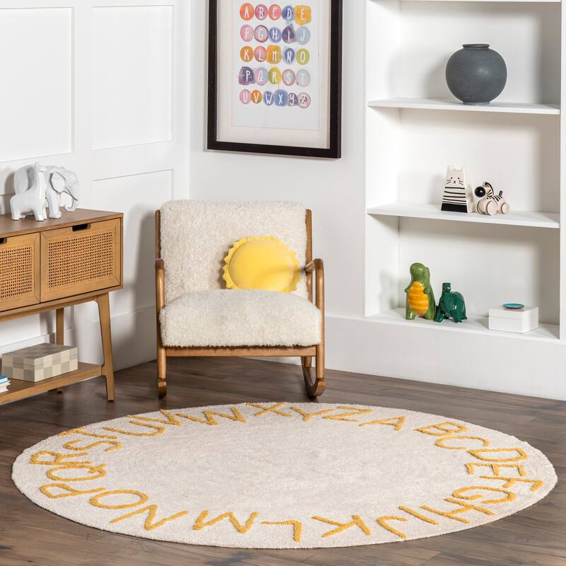 Nuloom Alphabet SpinClean Washable Round Rug - 4' Round - Light Yellow - Round