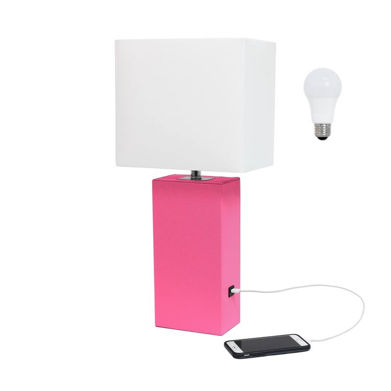 Modern Leather Table Lamp with USB and White Fabric Shade