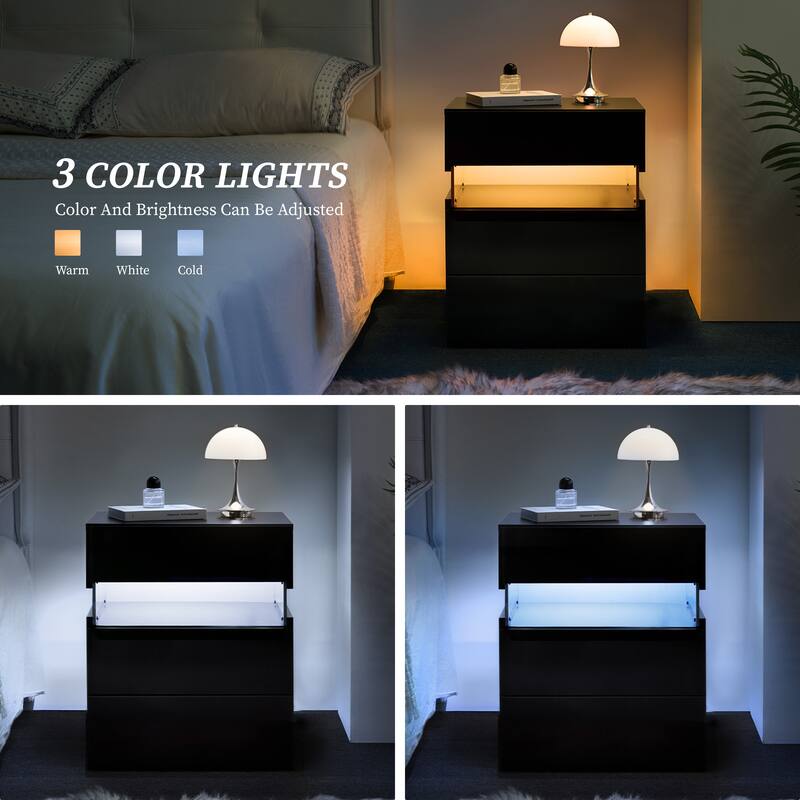 Rossetta Minimalist Stylish Design Nightstand with LED Lights and Storage Drawers