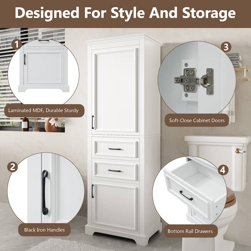 Bathroom Freestanding Storage Cabinet White Tall Cabinet with Adjustable Shelves, Black Handles and Anti-Tipping Design聽