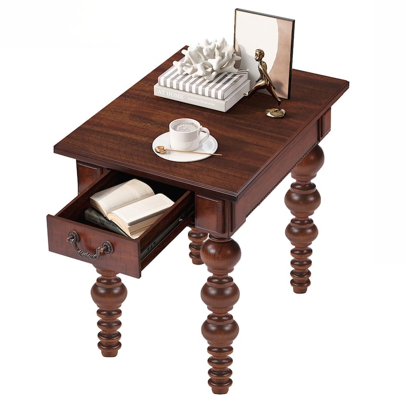 Solid Wood End Table with Drawer, Easy Assembly Vintage Narrow Sofa Side Table for Living Room