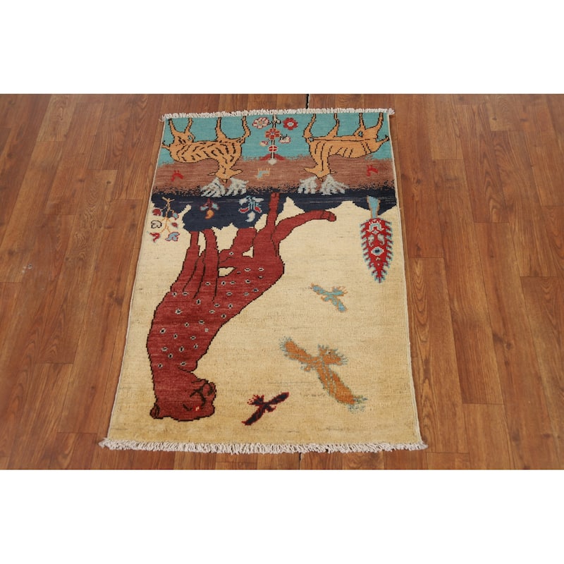 Animals Pictorial Kazak Oriental Foyer Rug Hand-Knotted Wool Carpet - 2'0" x 3'0"