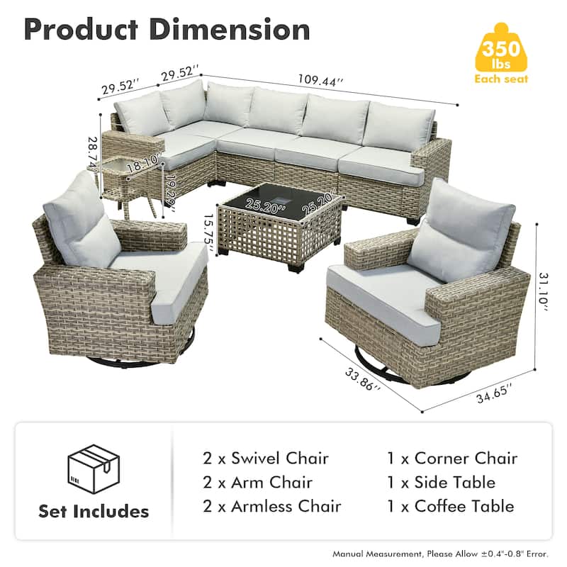 OVIOS 9 Pieces T shaped Seat Wide Armrest Swivel Chair Set With Solar-Powered Table
