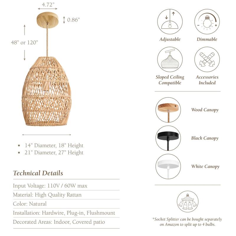 Callie Rattan Pendant Light - Natural Bell 1-Light Handwoven Ceiling Light For Modern, Transitional, Farmhouse Room Decor