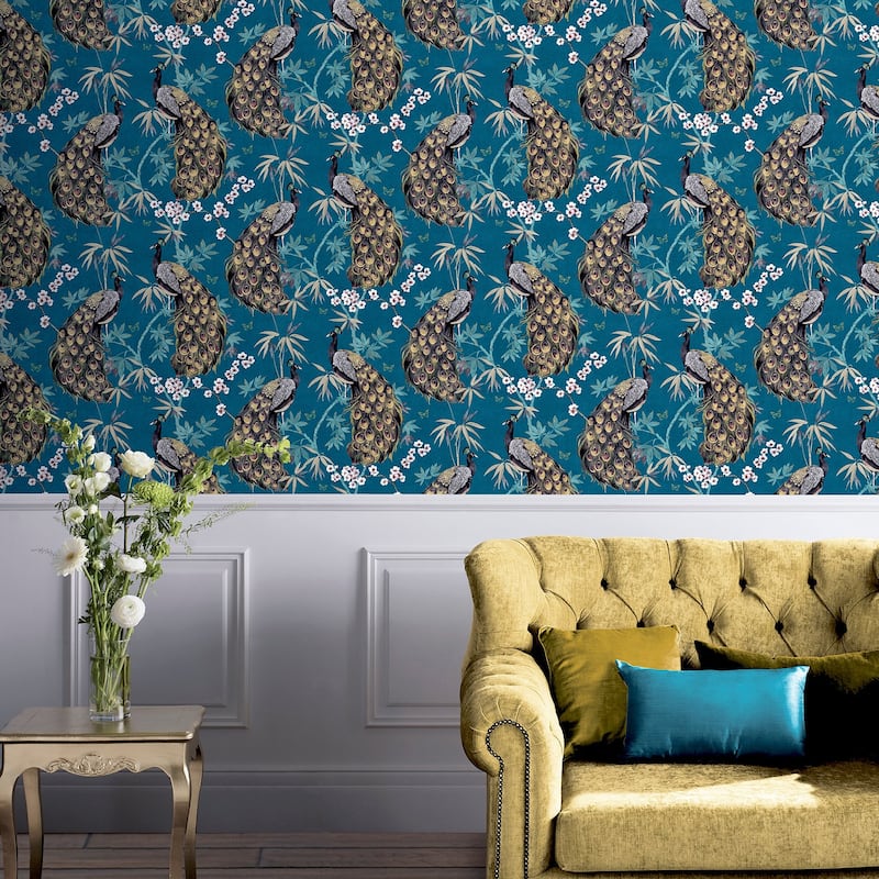 Arthouse Takara Teal Opulent Peacock Wallpaper