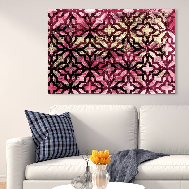 Wynwood Studio Canvas Abstract Cranberry Tiles Pink and Metallic Gold Traditional Wall Art Canvas Print - 30 x 45