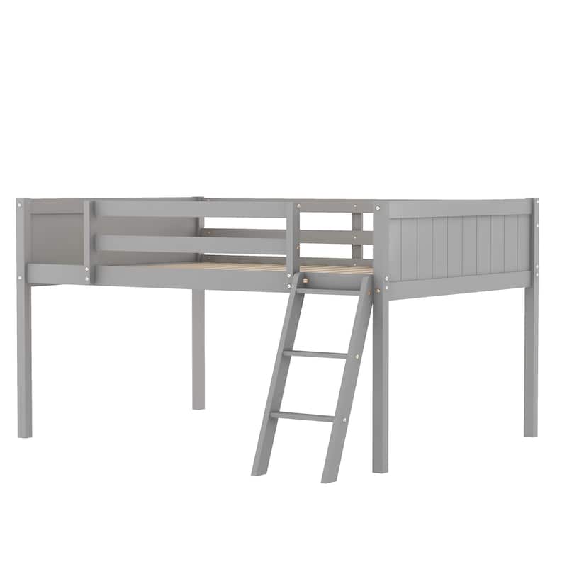 Full Size Wood Low Loft Bed with Convertible Ladder, Gray