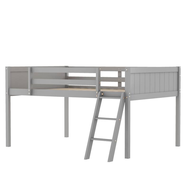 Gray Full Size Solid Wood Low Loft Bed with Ladder and Fence Baffle, and Wood Slats Support for Bedroom
