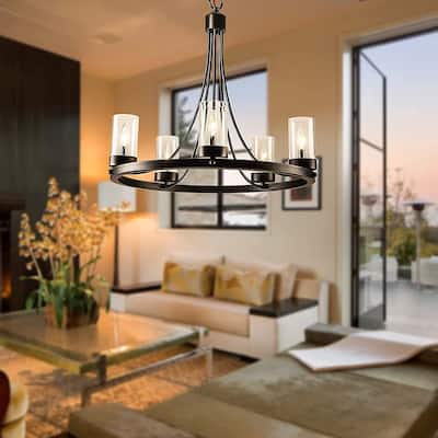 Maxax 5 - Light Candle Style Wagon Wheel Chandelier with Wrought Iron Accents - MX19025-5-P
