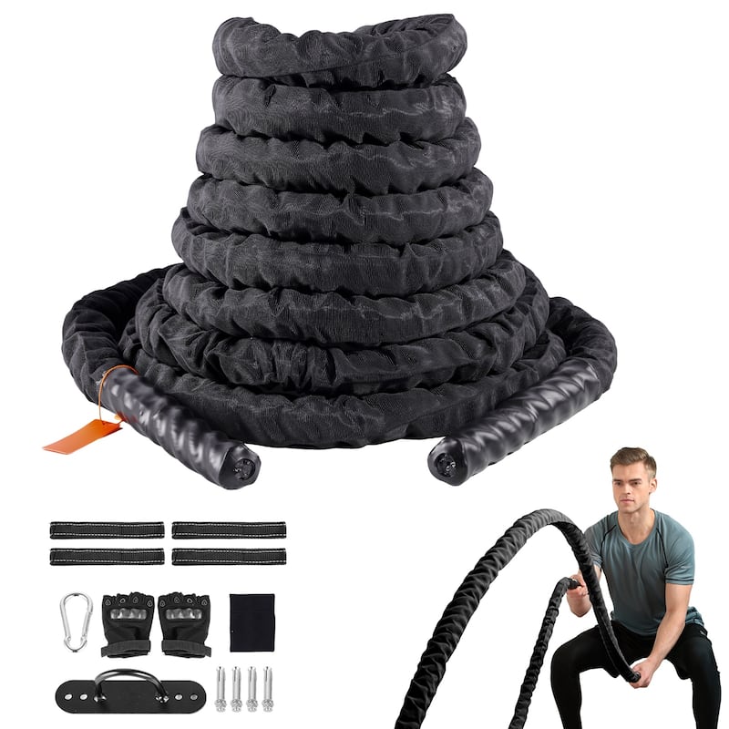 Battle Rope, 1.5 Inch Diameter Polyester Exercise Rope, Battle Exercise Equipment, Heavy Weighted Rope for Home Gym - Black - 40Ft