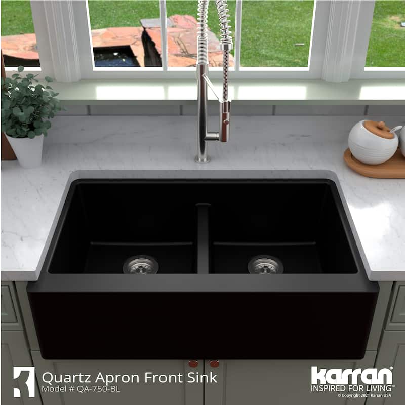 Karran Farmhouse Apron Front Quartz Double Bowl Kitchen Sink Kit