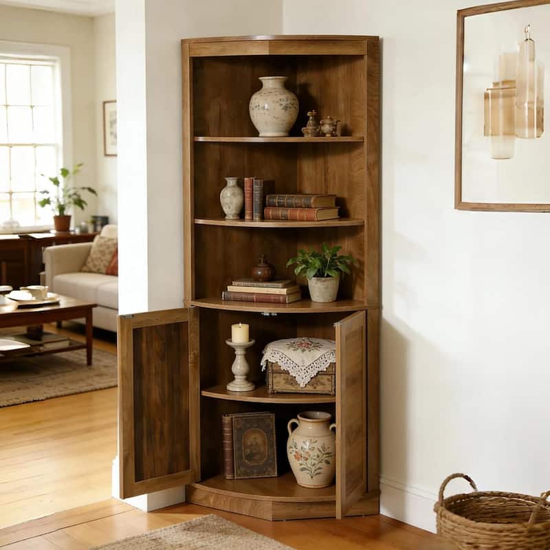 5-Tier Tall Corner Cabinet, 66.9-Inch Storage Cabinet with Fluted Doors & Open Shelves - Brown