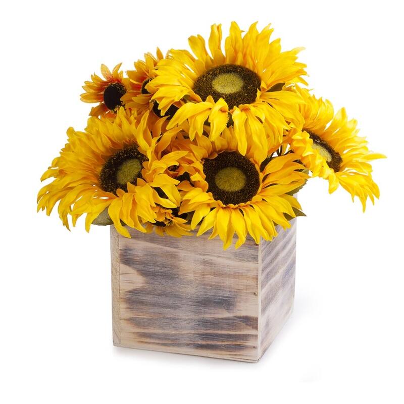 Enova Home Mixed Artificial Silk Sunflowers Fake Flowers Arrangement with Natural Wood Planter for Home Office Decoration