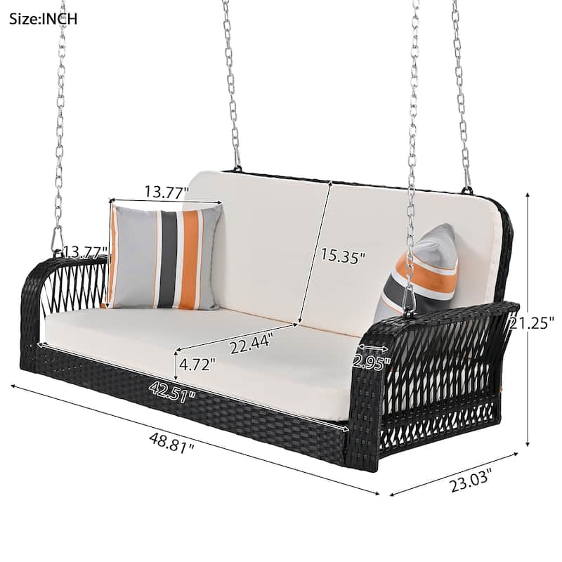 Roomfitters PE Wicker Porch Swing, 2-Seater Hanging Bench With Chains, Patio Furniture Swing For Backyard Garden Poolside