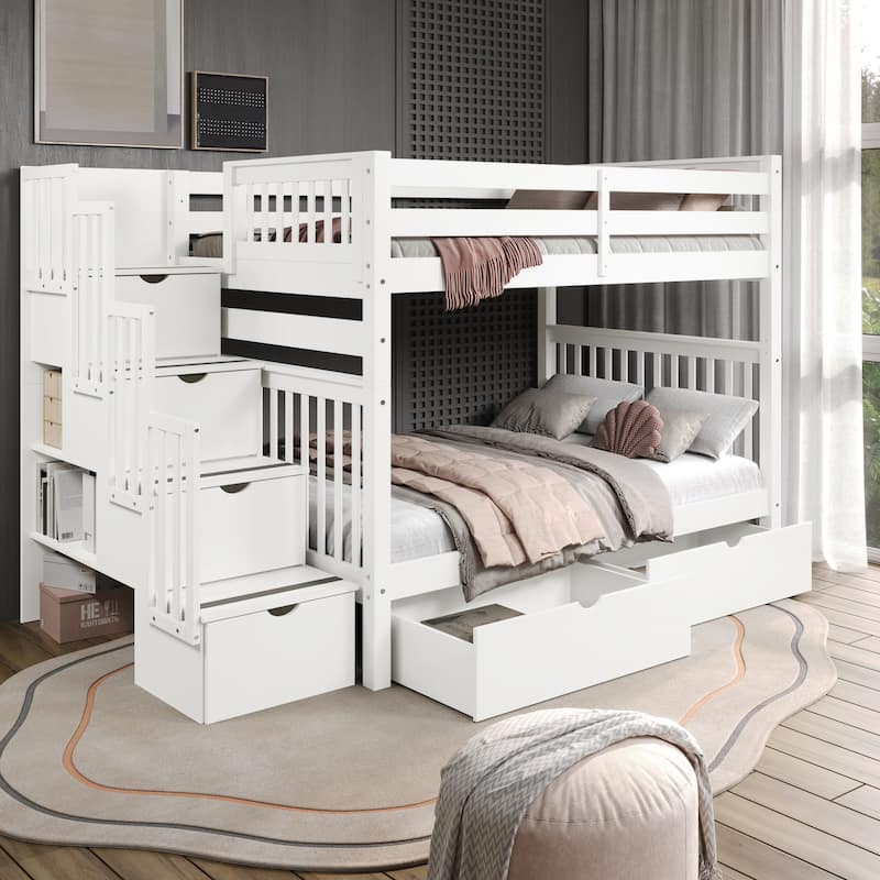 Taylor & Olive Trillium Full over Full Stairway Bunk Bed, 2 Drawers - White