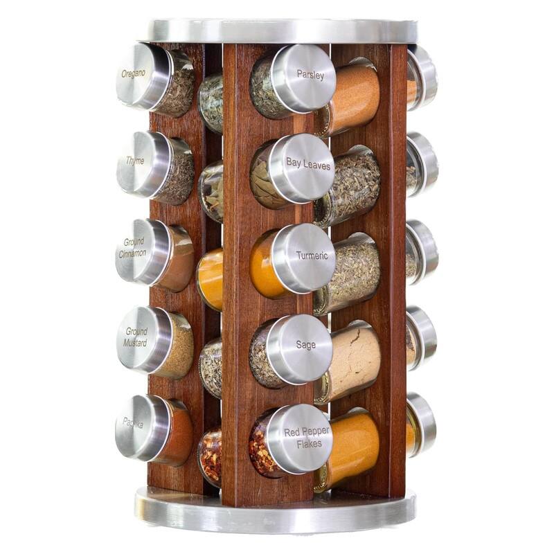 20 Jar Dark Acacia Wood Spice Rack with Spices Included - ‎12.1"D x 13.6"W x 14.9"H - Dark Acacia Wood