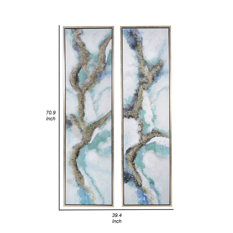 20 x 71 Tall Framed Wall Art Oil Painting Set of 2, Blue and Gold Canvas