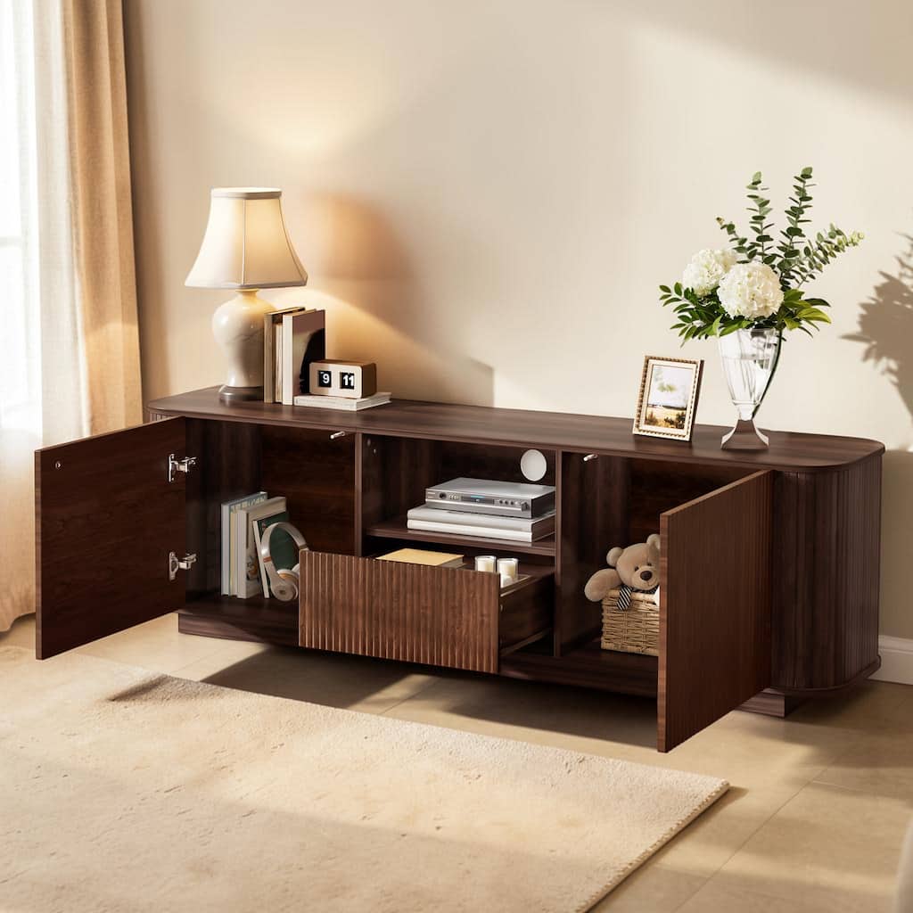 Wood Grain Entertainment Console with Ample Storage for 80 Inch TVs, Modern TV Cabinet