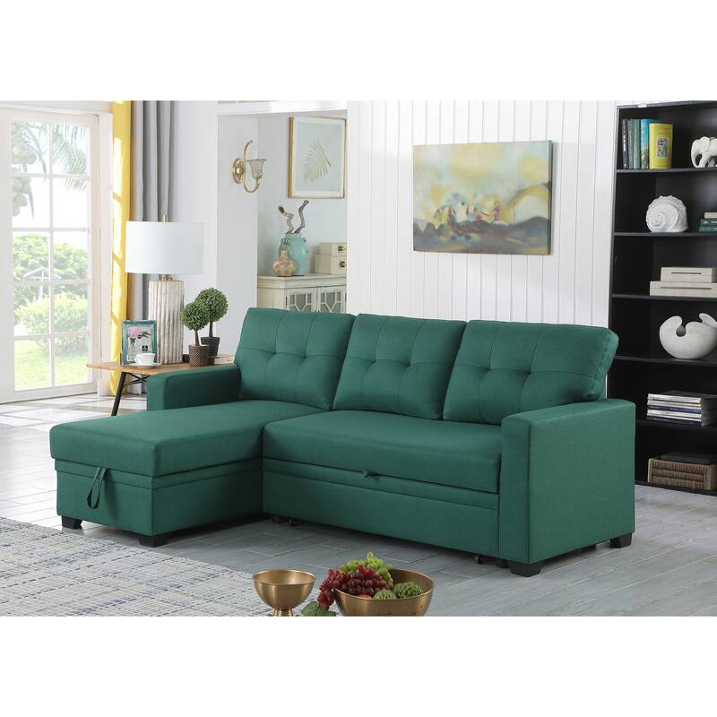 Green Linen Upholstered Pull out Sectional Sofa with Chaise