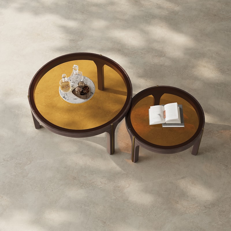 Modern Coffee Table Set of 2,Brown tempered glass tabletop, solid wood legs,31.5+23.62"