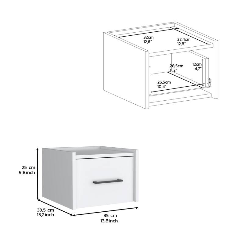 White Modern Floating Nightstand, Space-Saving Design with Convenient Drawer and Black pull Handle