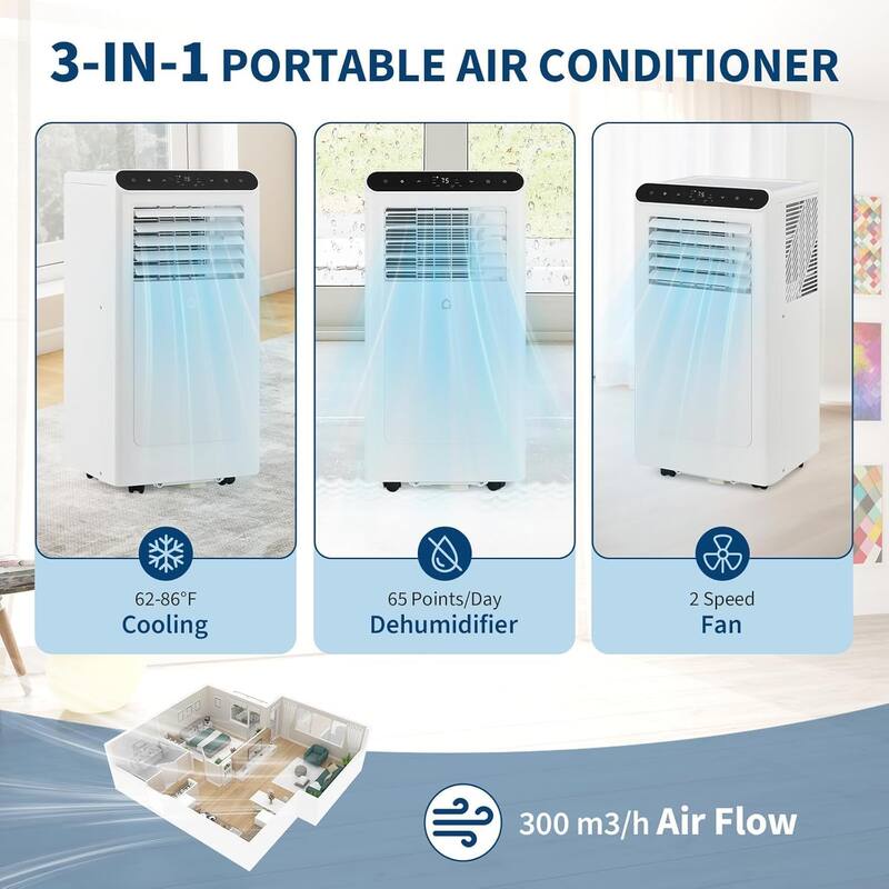 Portable Air Conditioners 10000 BTU, Energy Efficient 3-in-1 Portable AC Unit with Remote Control