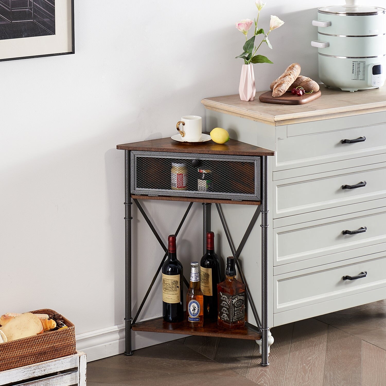 Javlergo Corner Table with Drawer and Storage Shelf Triangle