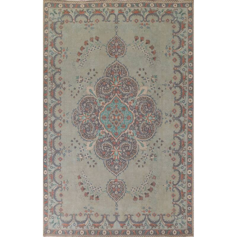 Hand Knotted Oriental 100% Wool Carpet Traditional Medallion Green Tabriz Area Rug - 10' 9'' X 7' 6''