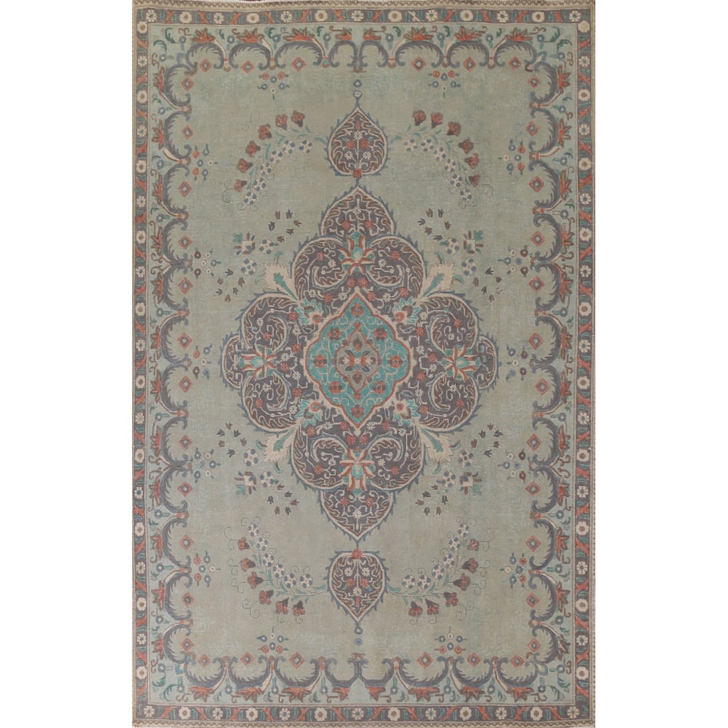Hand Knotted Oriental 100% Wool Carpet Traditional Medallion Green Tabriz Area Rug - 10' 9'' X 7' 6''