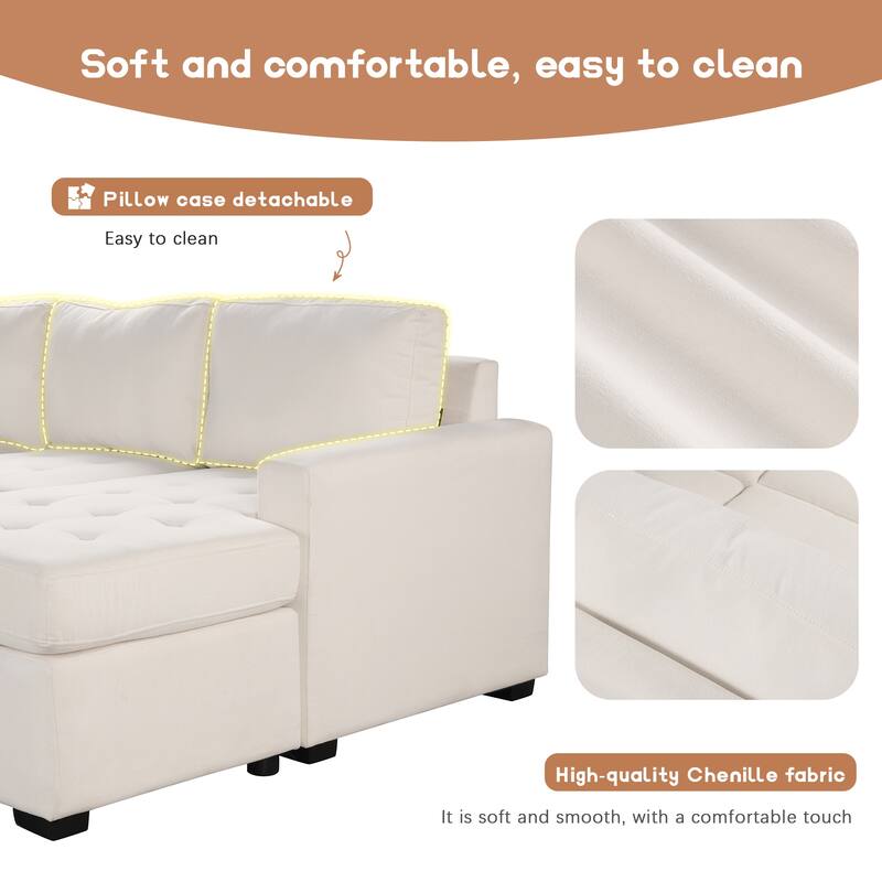Beige 108.3'' U-Style 6-Seat Sofa with Pull-Out Bed