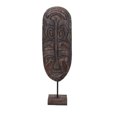 Hand-Carved Mango Wood Mask on Stand, Dark Finish