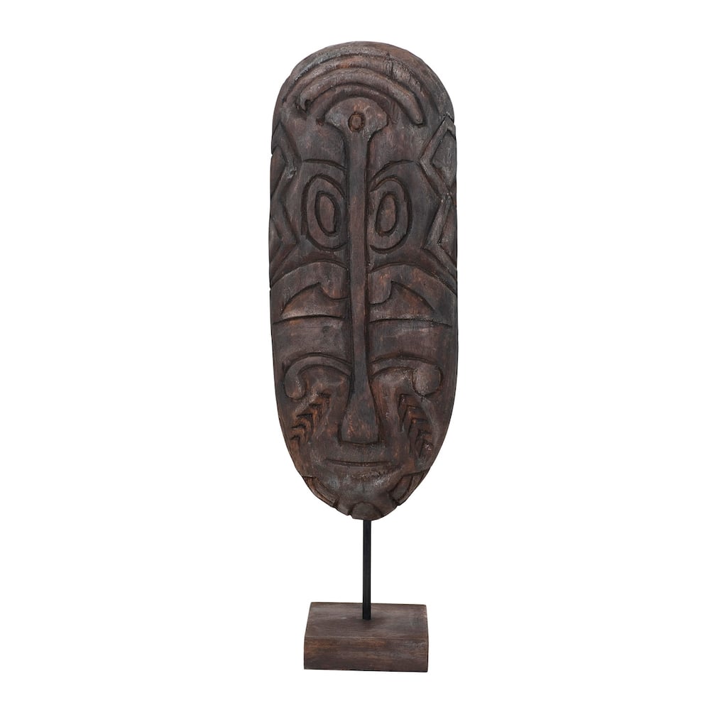 Hand-Carved Mango Wood Mask on Stand, Dark Finish