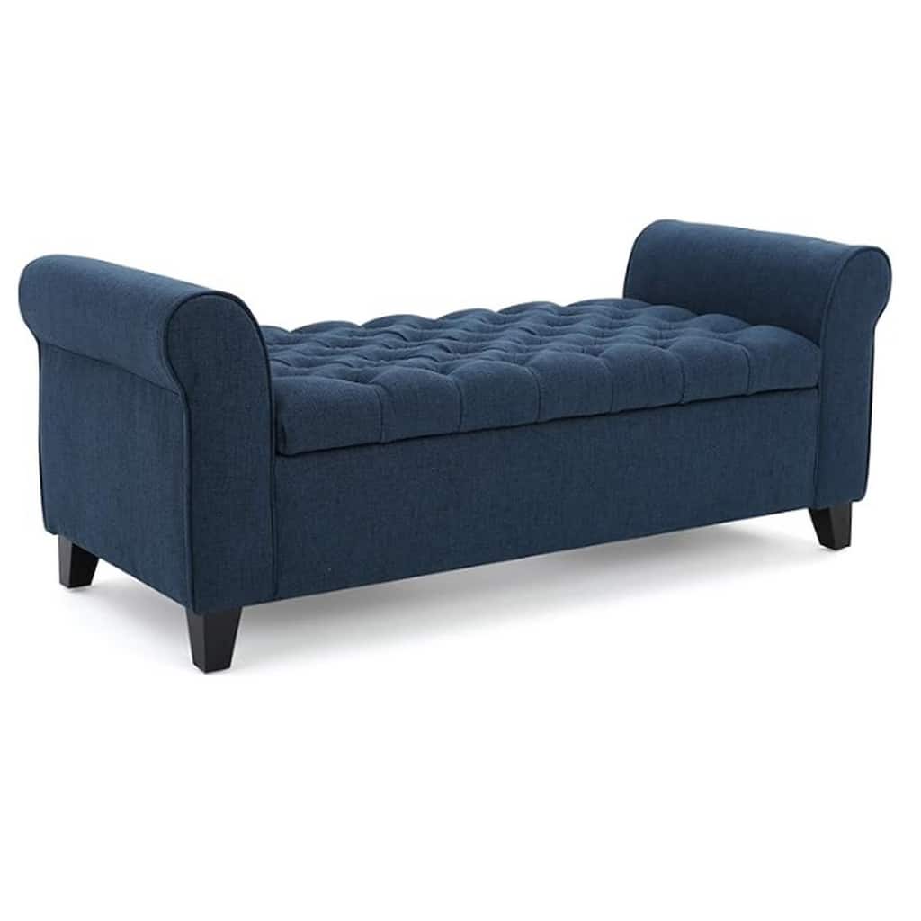 Shawn Storage Bench with Rolled Arms, 50 Inch Button Tufted, Dark Blue