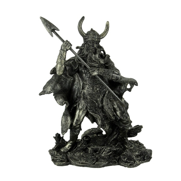 Antique Pewter Finish Viking Warrior Standing Holding Spear - 11.5 X 8 X 5.25 inches
