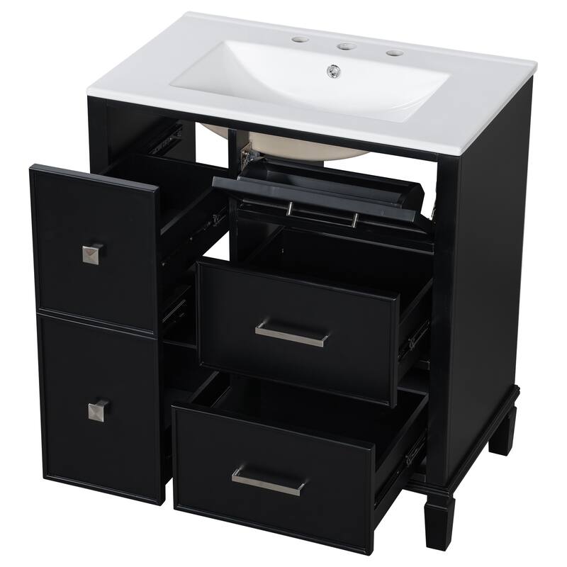 30 Inch Bathroom Vanity with Ceramic Sink, Flip-Out Drawer Design for Plumbing, Painted MDF Cabinet with Solid Wood Legs